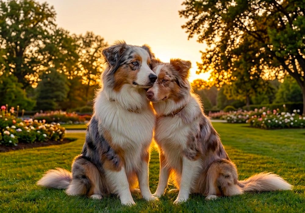 Dos perros pastores australianos, uno blue merle y uno red merle, sentados juntos y cariñosos en un jardín al atardecer